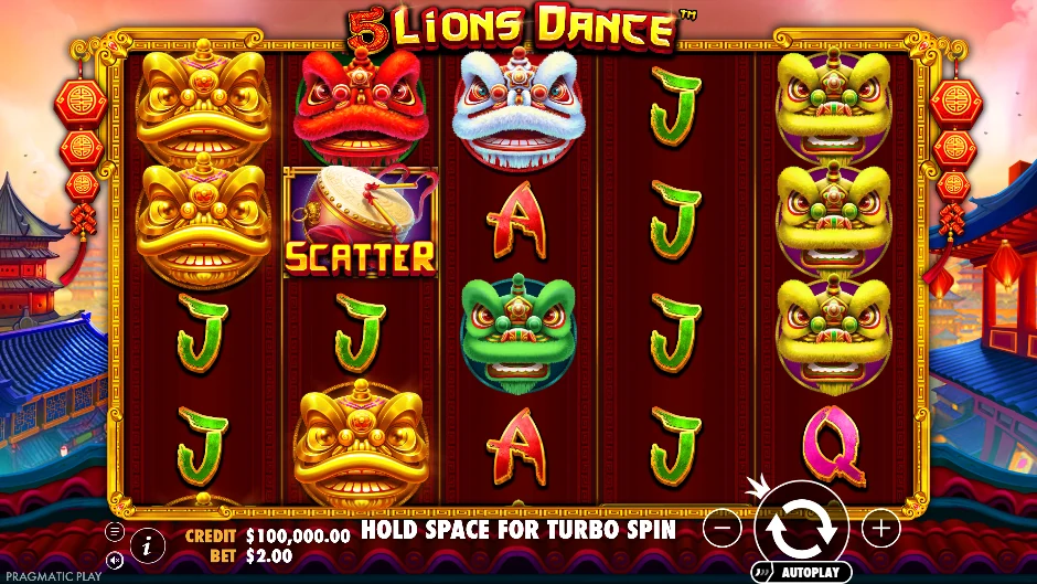Pantalla de 5 Lions Dance con cinco leones ceremoniales y símbolos orientales