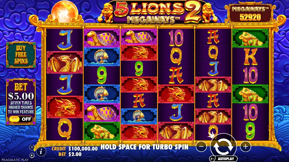 Rodillos de 5 Lions Megaways 2 con leones dorados, animales orientales y multiplicadores