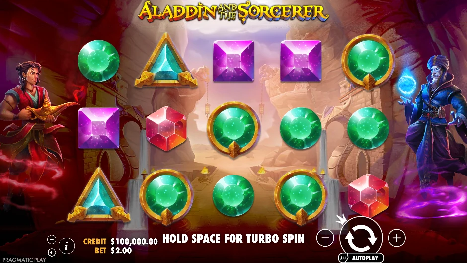 Ciudad mágica de Aladdin and the Sorcerer con Aladdin, el hechicero y joyas en los rodillos