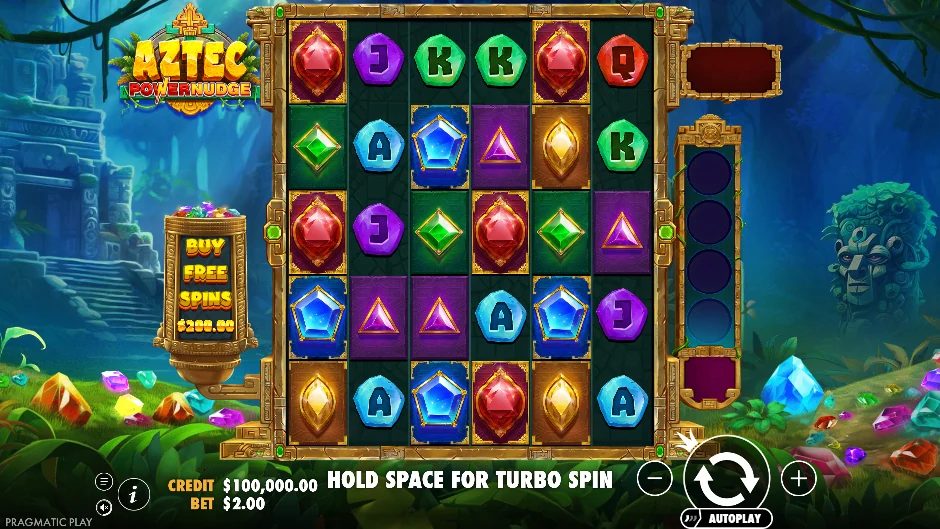Ruinas de Aztec Powernudge con joyas, diamantes multiplicadores y una cuadrícula 6×5