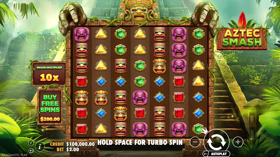 Jungla de Aztec Smash con tótems, gemas y posiciones marcadas sobre una cuadrícula 7×7