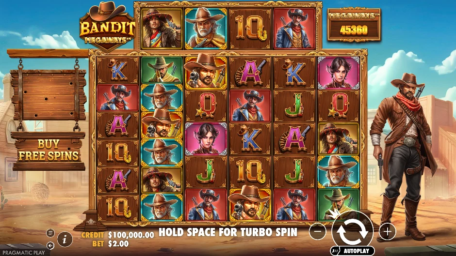 Duelo del oeste en Bandit Megaways con bandidos, dinamita y rodillos de altura variable