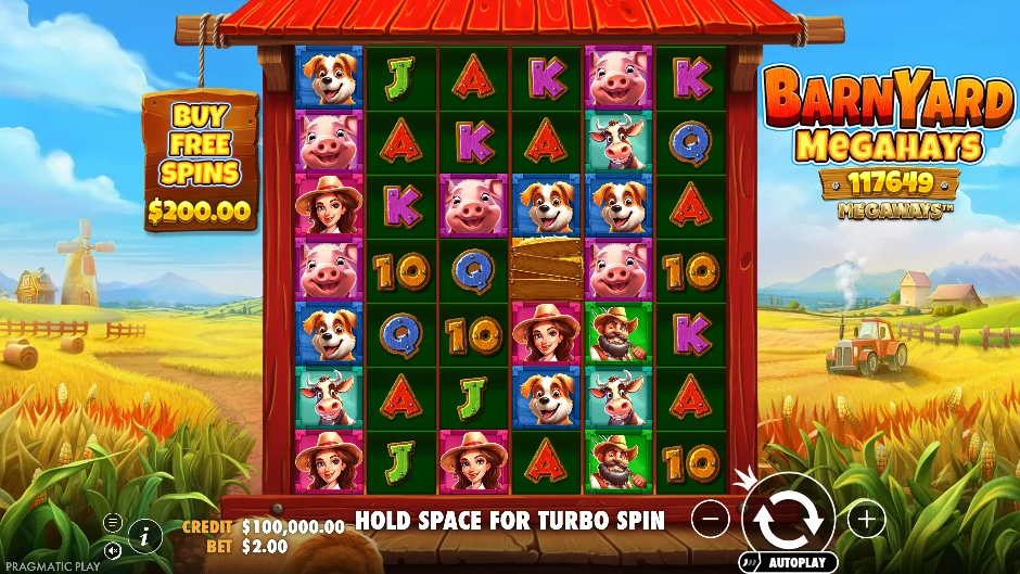Campos de Barnyard Megahays Megaways con granjeros, vacas, cerdos, perros y un tornado