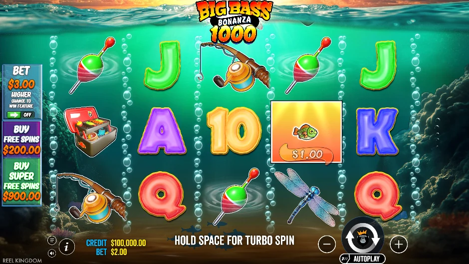 Escena de Big Bass Bonanza 1000 con pescador, peces de dinero y equipo de pesca