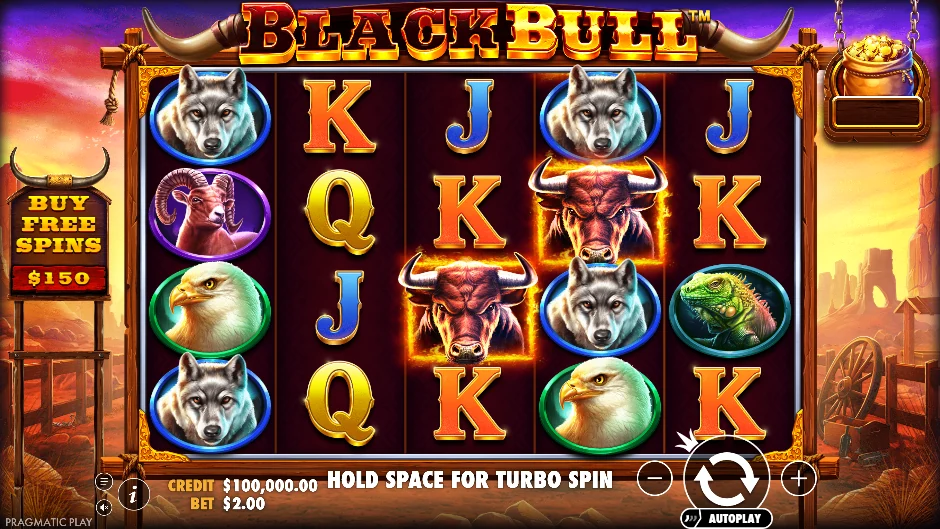 Rancho de Black Bull con toro negro, fauna, monedas doradas y bolsas de dinero