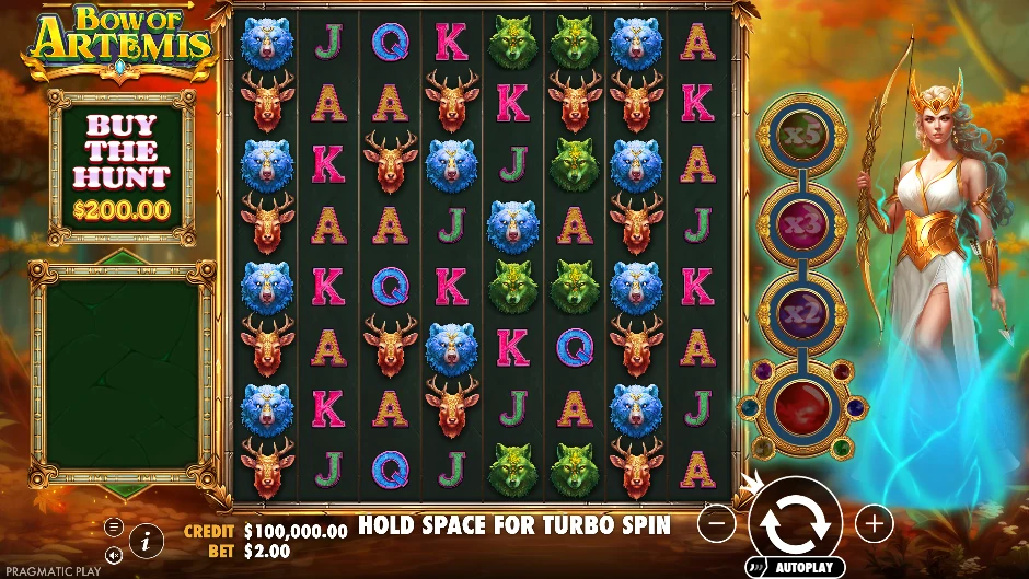 Diosa Artemis con arco, animales y símbolos marcados en la cuadrícula 8×8 de Bow of Artemis