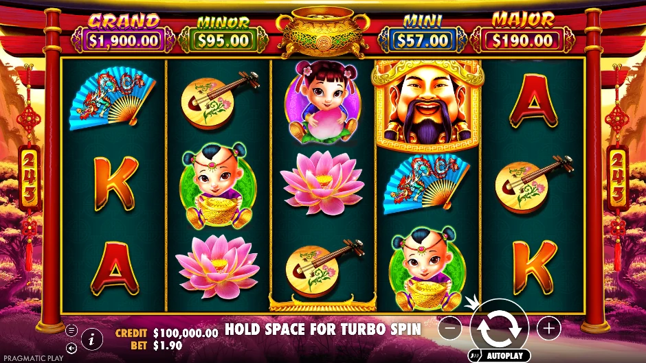 Caishen’s Gold con dios de la fortuna, oro, monedas y decoraciones rojas tradicionales