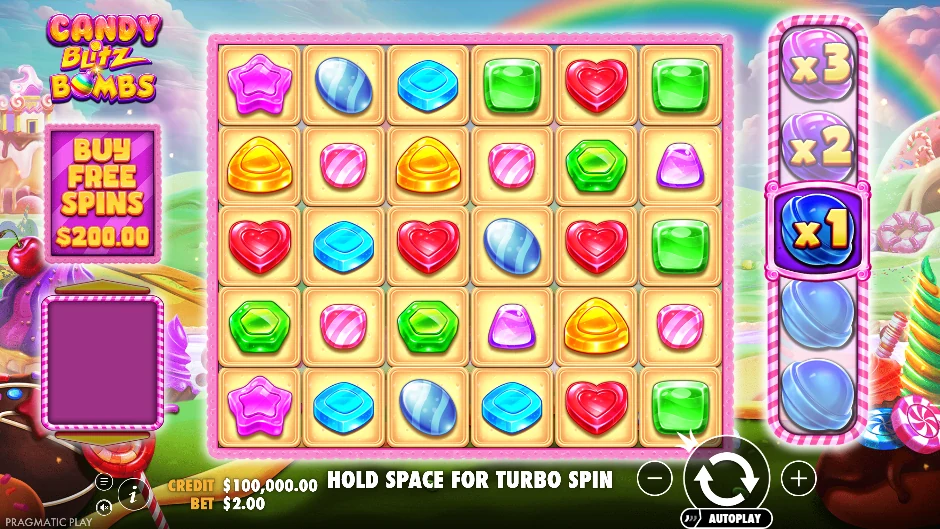 Candy Blitz Bombs con caramelos de colores, bombas multiplicadoras y cuadrícula 6×5