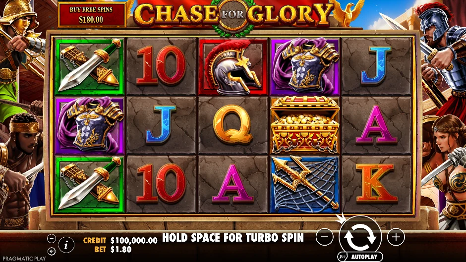 Arena de Chase for Glory con cuatro gladiadores, espadas, armaduras y cofres