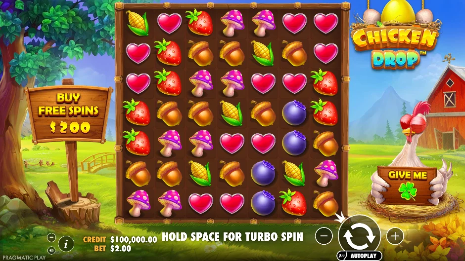 Chicken Drop con gallina, frutas de granja y un huevo dorado gigante sobre la matriz 7×7