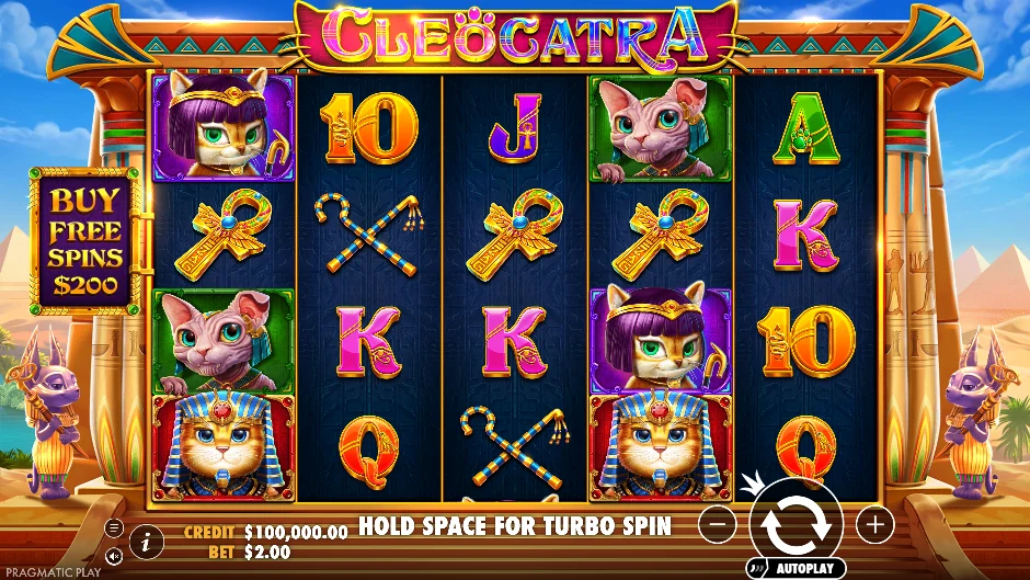 Cleocatra con gatos reales, pirámides, joyas y wilds multiplicadores del antiguo Egipto