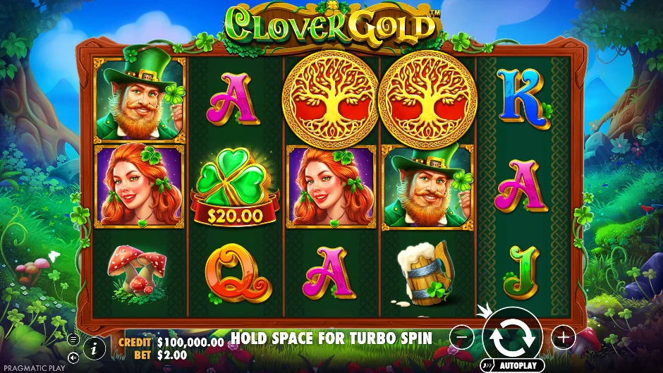 Paisaje irlandés de Clover Gold con tréboles, monedas, ollas de oro y símbolos Collect