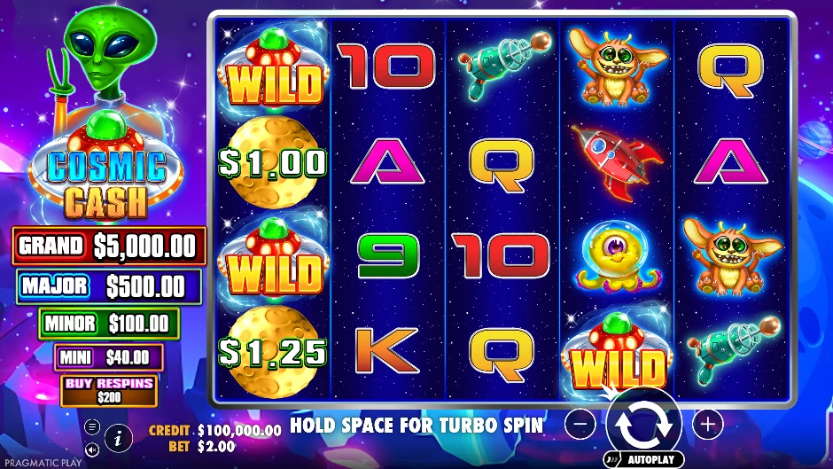 Espacio de Cosmic Cash con alienígenas, ovnis, rayos láser y símbolos monetarios