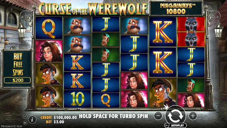 Aldea nocturna de Curse of the Werewolf Megaways con luna llena y hombres lobo