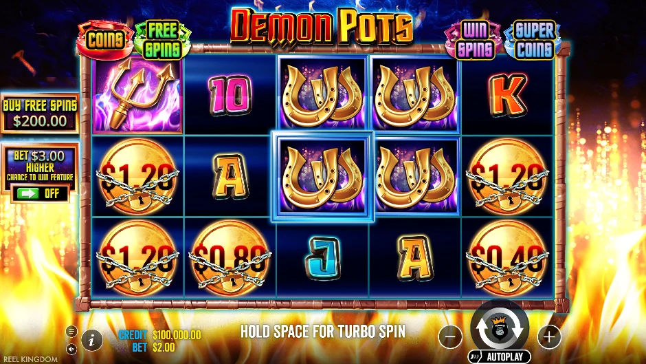 Demon Pots con demonio rojo, vasijas ardientes, coronas, tridentes y monedas