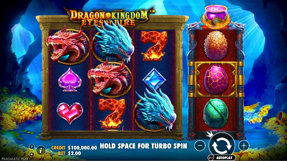 Ojos de un dragón sobre la cueva de Dragon Kingdom Eyes of Fire y su tablero compacto 3×3