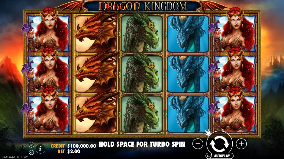Reina y dragones de Dragon Kingdom frente a portales mágicos y símbolos apilados