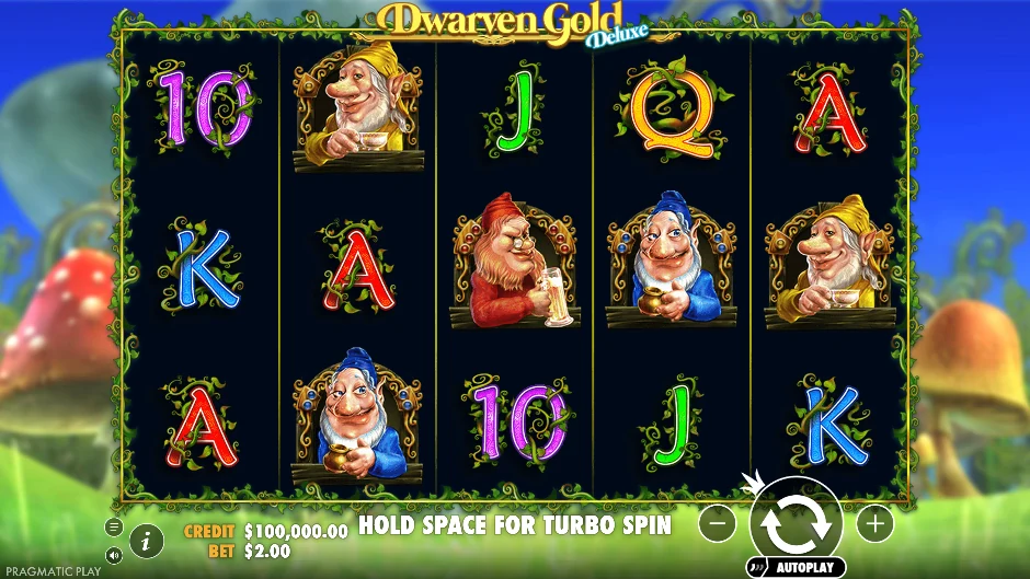 Enanos de Dwarven Gold Deluxe junto a cofres, oro y wilds añadidos sobre los rodillos