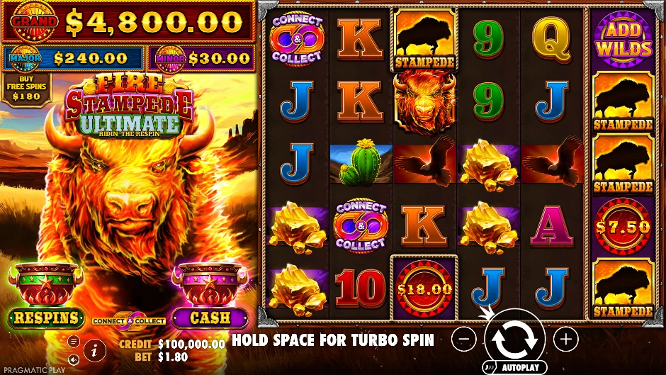 Bisonte en llamas de Fire Stampede Ultimate con monedas y una cadena Connect and Collect