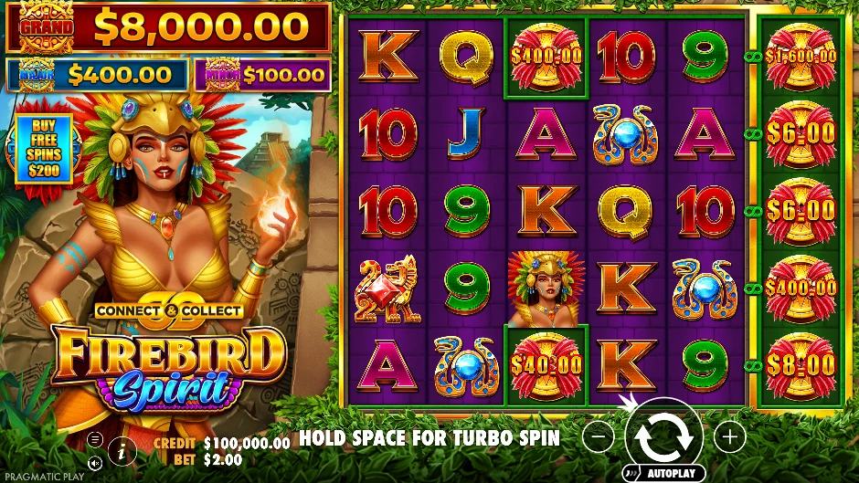 Ave de fuego azteca de Firebird Spirit sobre seis rodillos con monedas, jackpots y rutas enlazadas
