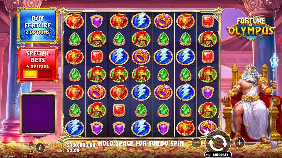 Zeus en su trono dorado de Fortune of Olympus con rayos, gemas y multiplicadores