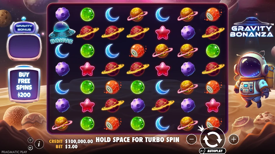 Astronauta y planetas de Gravity Bonanza con gemas flotando en distintas direcciones