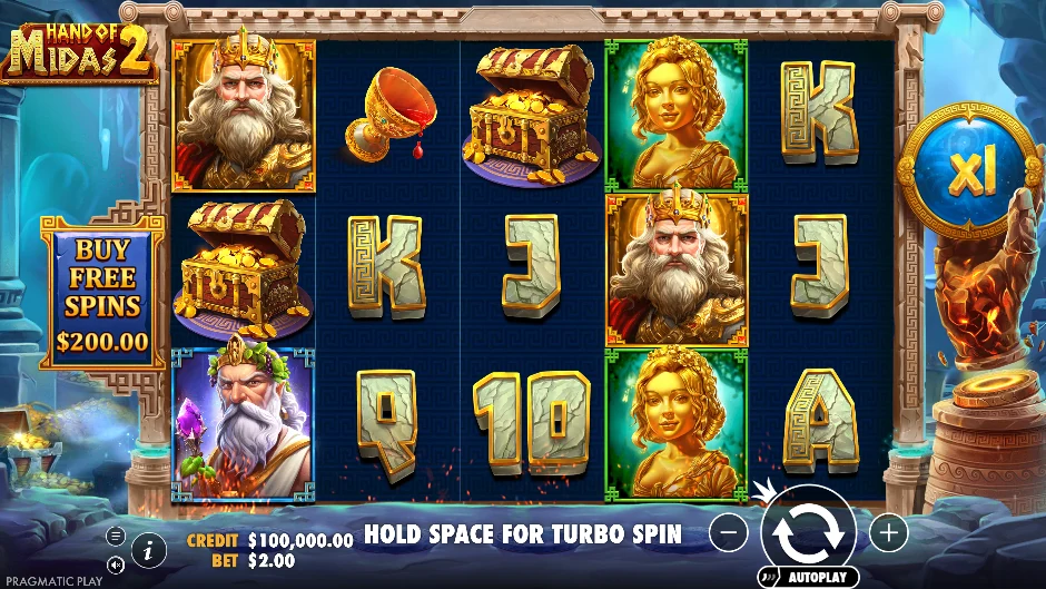 Pantalla de la tragamonedas Hand of Midas 2 con el toque dorado del rey Midas