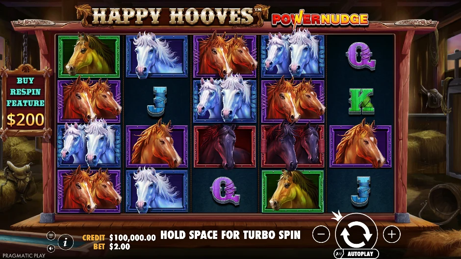 Pantalla de la tragamonedas Happy Hooves con caballos de colores y una pista llena de herraduras