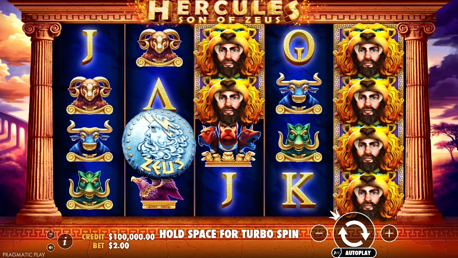 Pantalla de la tragamonedas Hercules Son of Zeus con las hazañas del hijo de Zeus en cinco rodillos