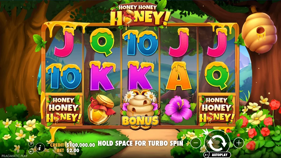 Pantalla de la tragamonedas Honey Honey Honey con abejas, miel y una colmena colorida