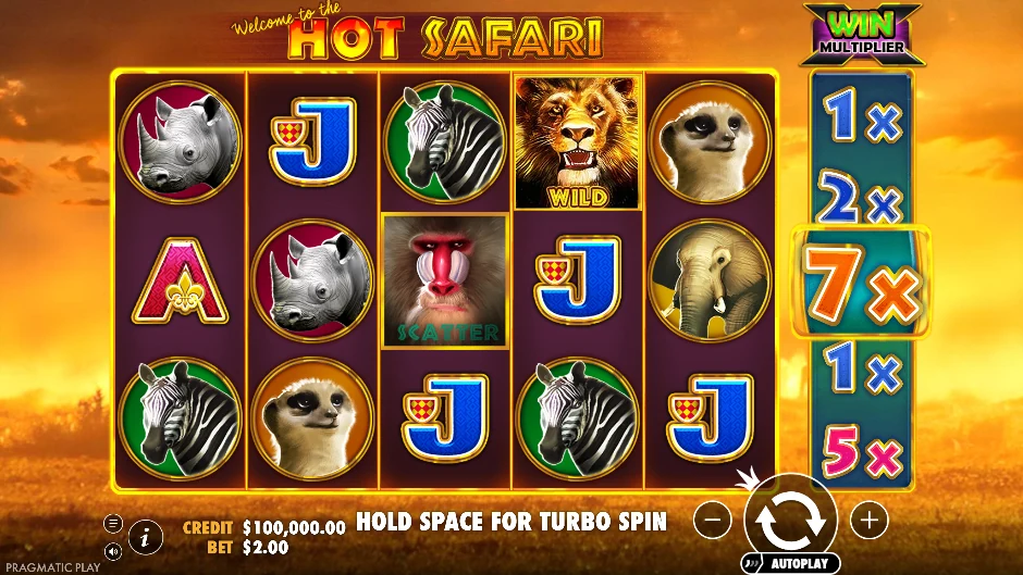Pantalla de la tragamonedas Hot Safari con animales salvajes y una expedición por la sabana