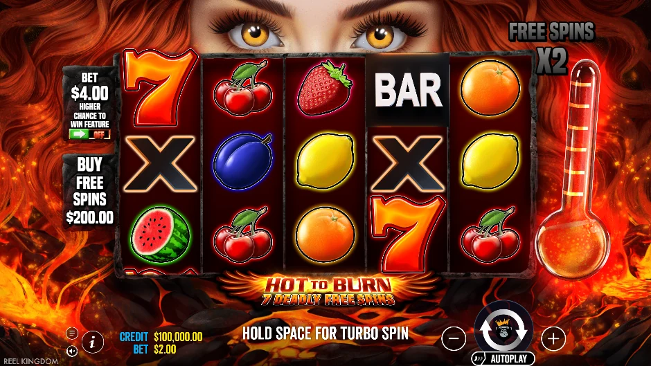 Pantalla de la tragamonedas Hot to Burn – 7 Deadly Free Spins con frutas clásicas y una secuencia de siete respins