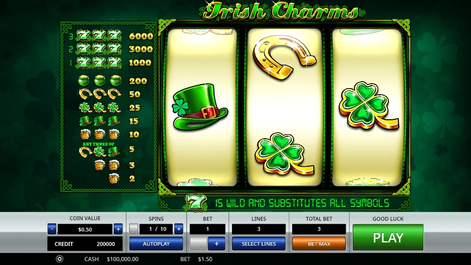 Pantalla de la tragamonedas Irish Charms con tréboles, herraduras y amuletos de la tradición irlandesa