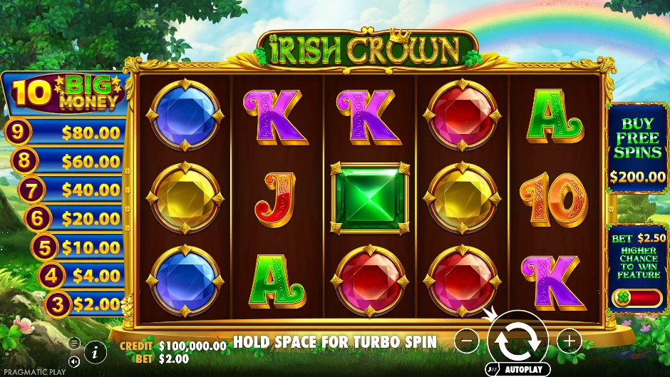 Pantalla de la tragamonedas Irish Crown con coronas, tréboles y premios de inspiración irlandesa