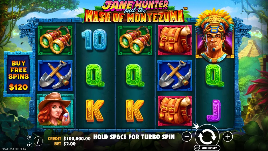 Pantalla de la tragamonedas Jane Hunter and the Mask of Montezuma con una arqueóloga ante la máscara de Montezuma