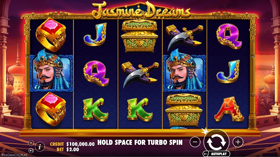 Pantalla de la tragamonedas Jasmine Dreams con palacios, lámparas y una noche de inspiración árabe