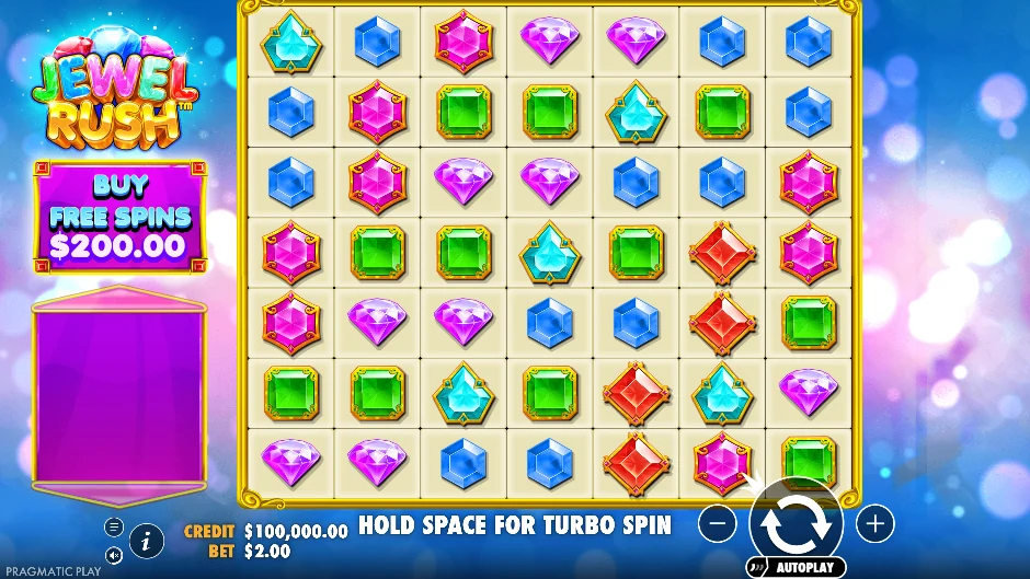 Pantalla de la tragamonedas Jewel Rush con gemas que caen y forman grupos sobre un tablero 7×7