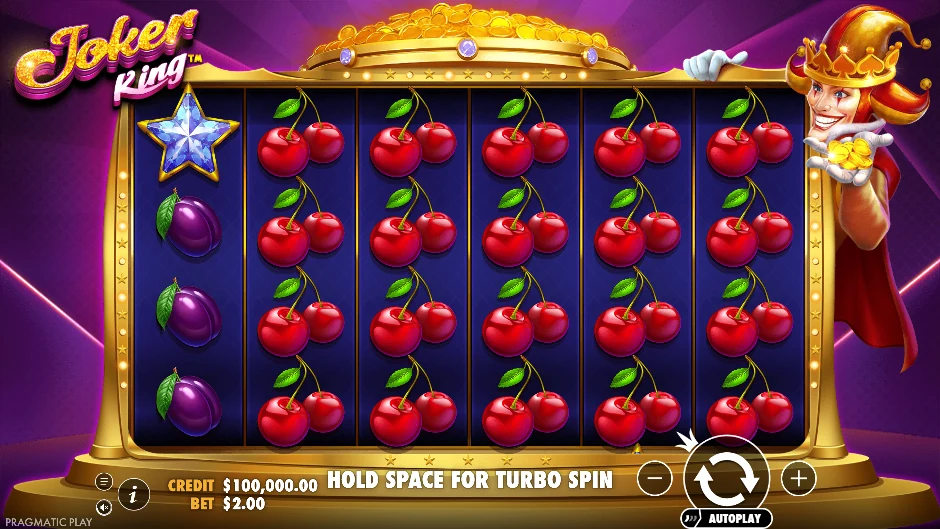 Pantalla de la tragamonedas Joker King con un bufón real entre cartas y joyas