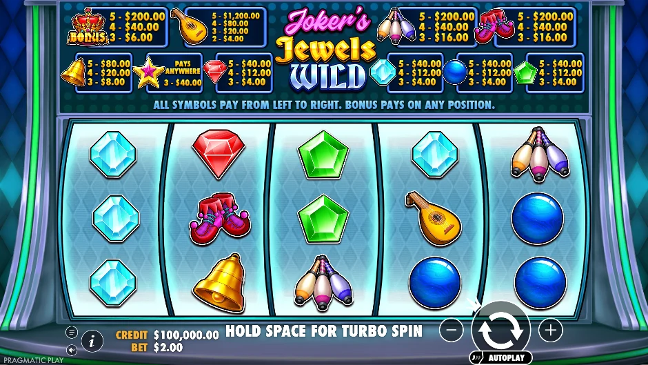 Pantalla de la tragamonedas Joker’s Jewels Wild con música, diamantes y un joker expansivo