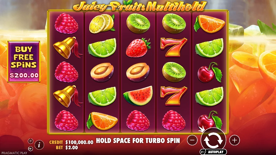 Pantalla de la tragamonedas Juicy Fruits Multihold con frutas sobre cuatro tableros desbloqueables