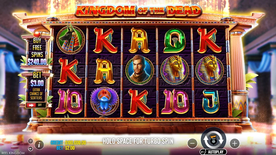 Pantalla de la tragamonedas Kingdom of The Dead con Anubis, faraones y escarabajos del antiguo Egipto