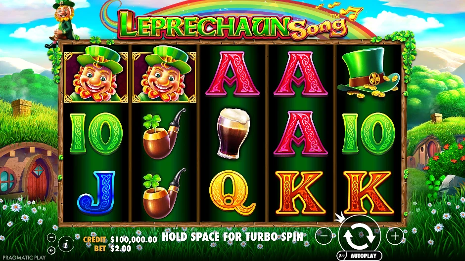 Pantalla de la tragamonedas Leprechaun Song con música irlandesa junto al caldero de oro