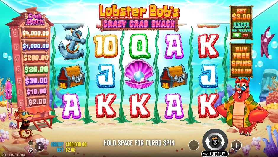 Pantalla de la tragamonedas Lobster Bob’s Crazy Crab Shack con perlas, cofres y cangrejos dorados bajo el agua