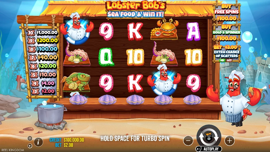 Pantalla de la tragamonedas Lobster Bob’s Sea Food and Win It con un restaurante submarino atendido por Lobster Bob