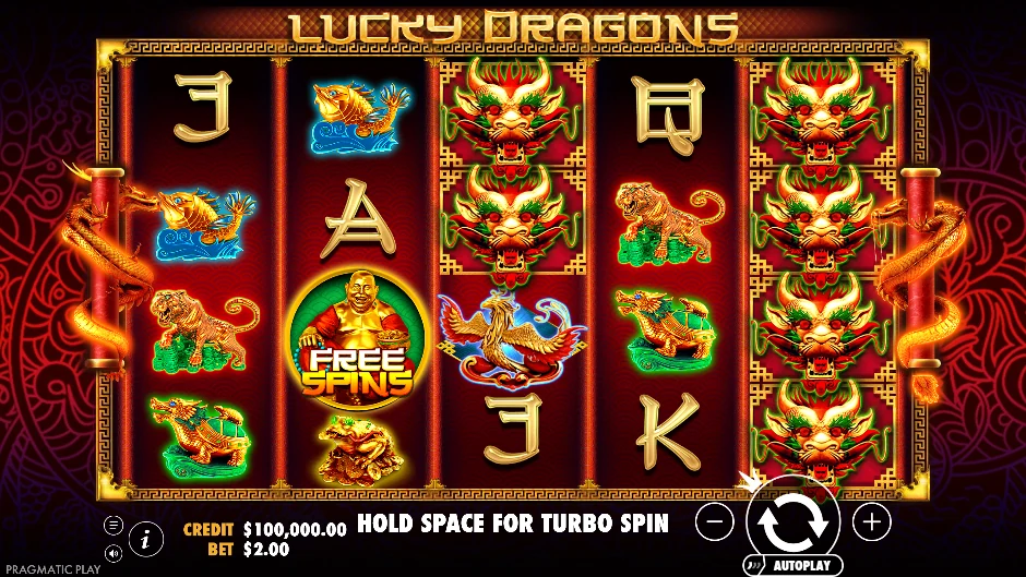 Pantalla de la tragamonedas Lucky Dragons con dragones orientales, monedas y buena fortuna