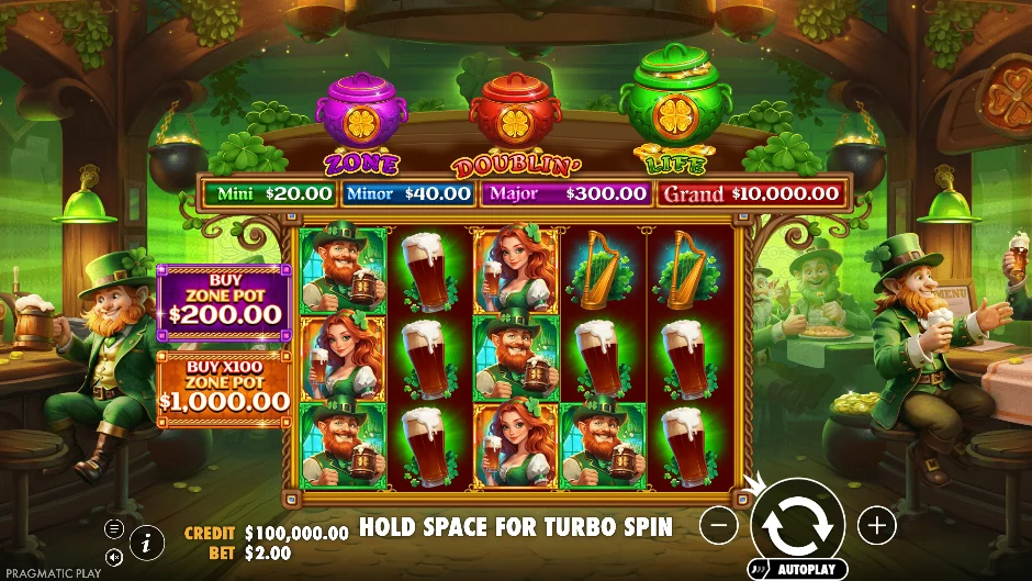 Pantalla de Lucky’s Wild Pub 2 con el pub de un leprechaun y monedas de tres colores