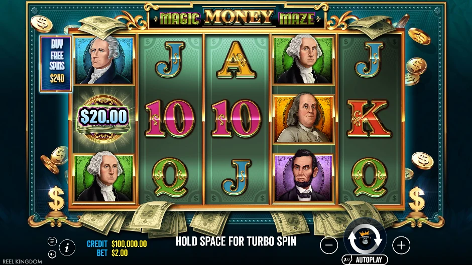 Pantalla de Magic Money Maze con un laberinto de billetes bajo la mirada de presidentes históricos