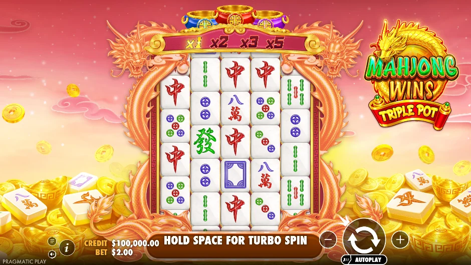Pantalla de Mahjong Wins Triple Pot con fichas de mahjong, cascadas y tres botes de colores