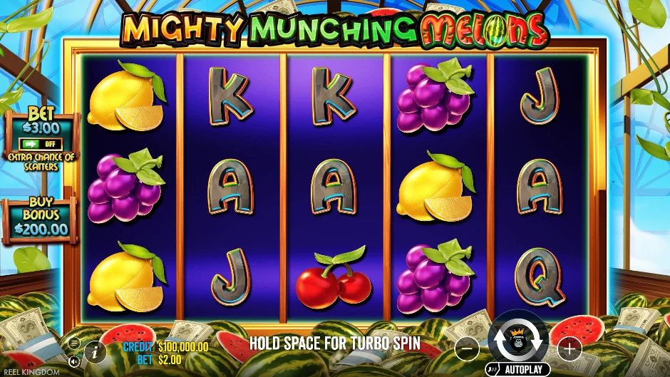 Pantalla de Mighty Munching Melons con sandías, cerezas y otras frutas jugosas
