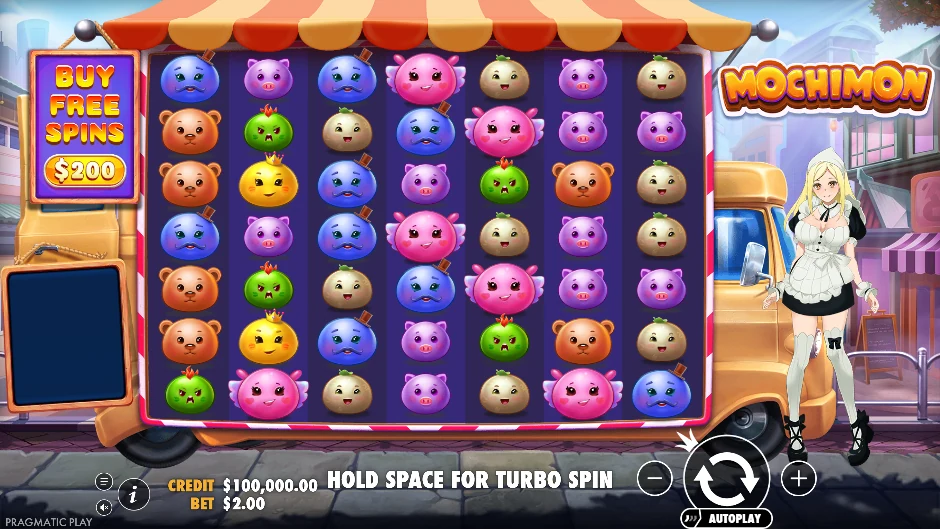 Pantalla de Mochimon con pequeños monstruos de colores sobre un tablero 7×7